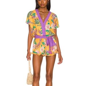 $187 NWT Aqua Bendita X Revolve Floral Zenda Mango Tie Romper Small